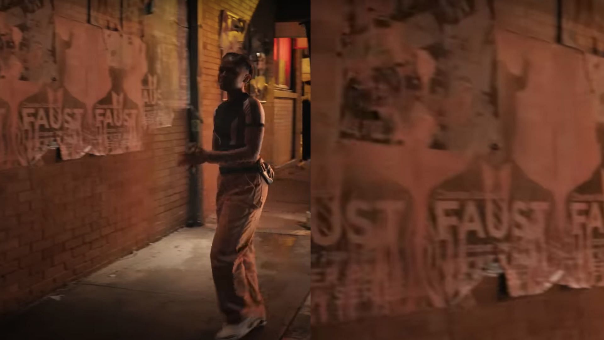 Riri walks past "Faust" posters (Image via YouTube/Marvel Entertainment)